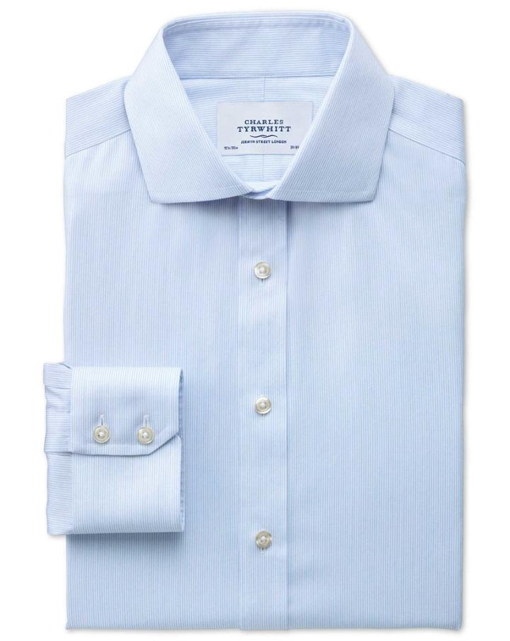 Charles Tyrwhitt Charles Tyrwhitt Slim Fit Spread Collar Non-iron Mouline Stripe Sky Blue Cotton Dress Shirt Size 15.5/37