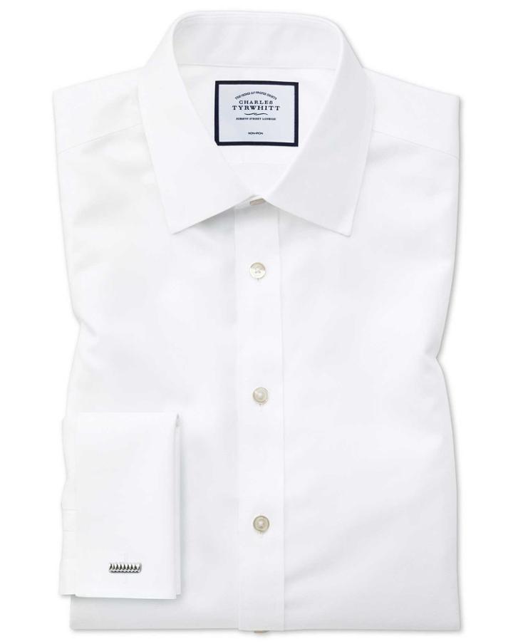  Extra Slim Fit Non-iron Twill White Cotton Dress Shirt French Cuff Size 14.5/32 By Charles Tyrwhitt