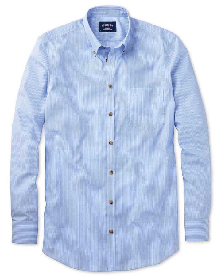 Charles Tyrwhitt Charles Tyrwhitt Slim Fit Non-iron Poplin Sky Blue Stripe Cotton Dress Shirt Size Large