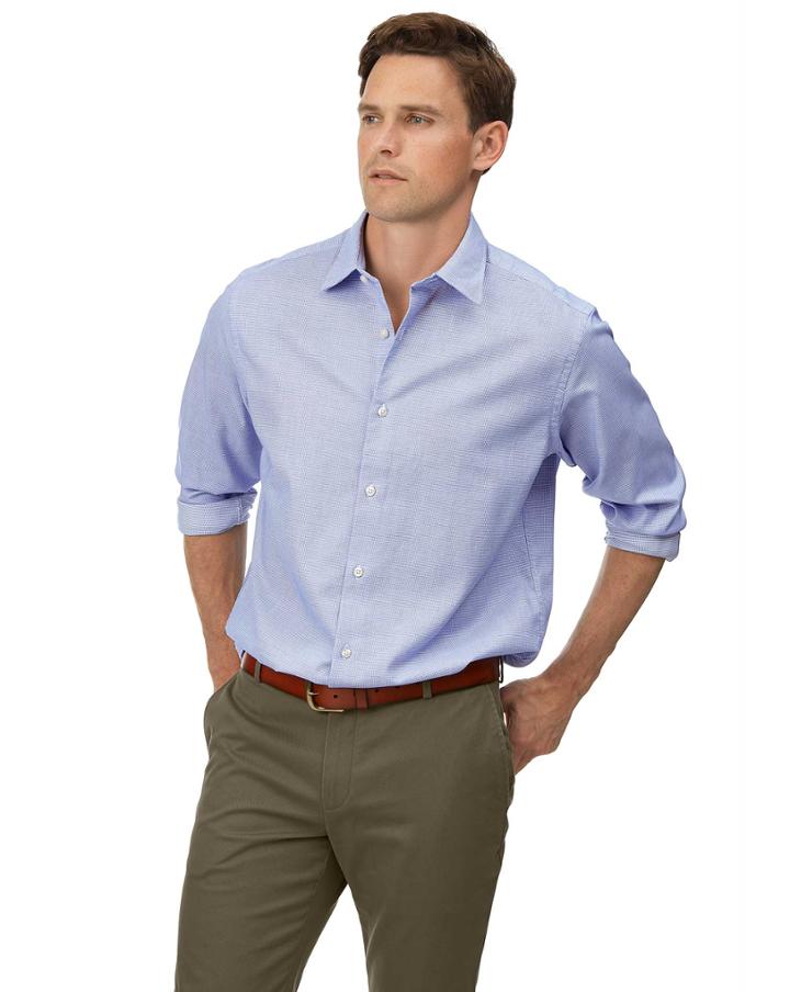  Classic Fit Sky Blue Grid Texture Soft Wash Textured Cotton Casual Shirt Single Cuff Size Small By Charles Tyrwhitt
