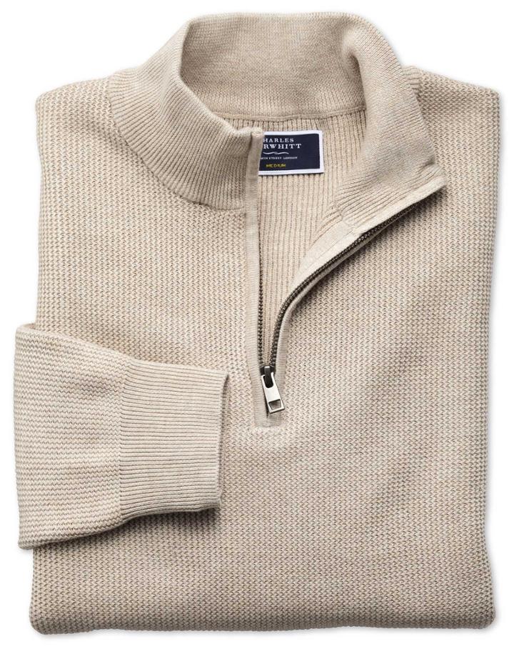Charles Tyrwhitt Stone Pima Cotton Textured Zip Neck Sweater Size Medium By Charles Tyrwhitt