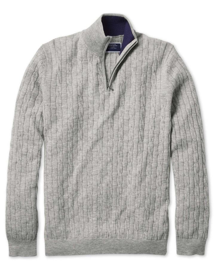  Light Grey Zip Neck Lambswool Cable Knit Sweater Size Large By Charles Tyrwhitt
