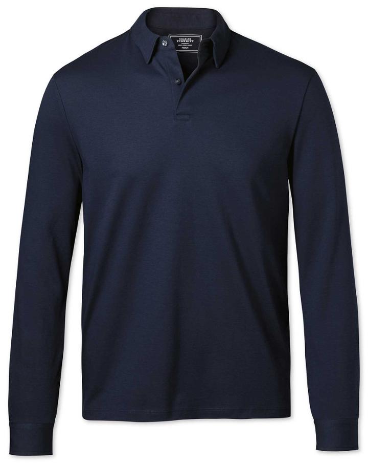  Plain Navy Long Sleeve Jersey Cotton Polo Size Large By Charles Tyrwhitt