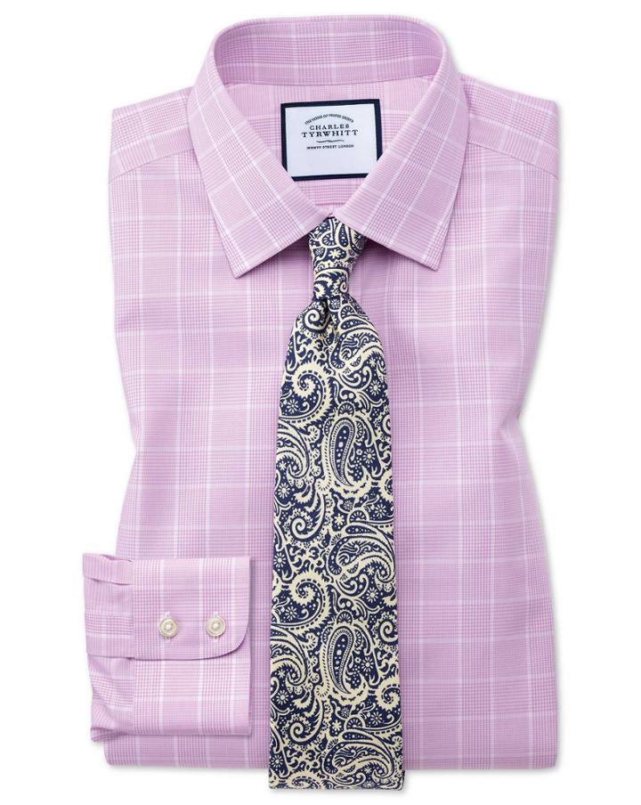  Classic Fit Non-iron Prince Of Wales Pink Cotton Dress Shirt Single Cuff Size 15.5/33 By Charles Tyrwhitt