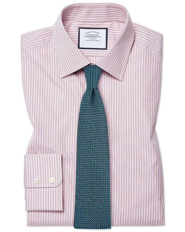  Slim Fit Poplin Fine Stripe Pink Cotton Dress Shirt Single Cuff Size 14.5/33 By Charles Tyrwhitt