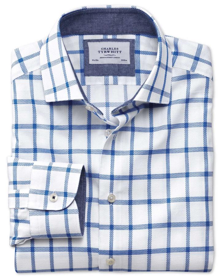Charles Tyrwhitt Slim Fit Business Casual Semi-spread Collar Textured Check White And Blue Cotton Dress Casual Shirt Single Cuff Size 17.5/34 By Charles Tyrwhitt