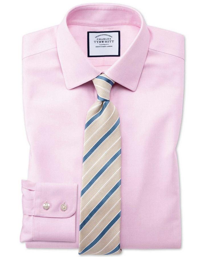 Charles Tyrwhitt Slim Fit Non-iron Step Weave Pink Cotton Dress Shirt Single Cuff Size 14.5/32 By Charles Tyrwhitt