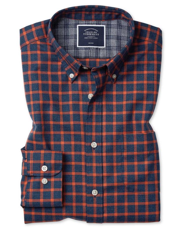  Extra Slim Fit Soft Washed Non-iron Twill Navy And Orange Windowpane Check Cotton Casual Shirt Single Cuff Size Large By Charles Tyrwhitt