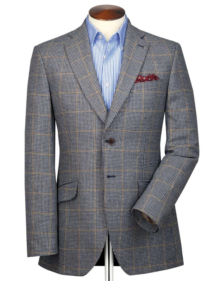 Charles Tyrwhitt Slim Fit Blue And Beige Checkered British Tweed Cotton/cashmere Jacket Size 38 By Charles Tyrwhitt