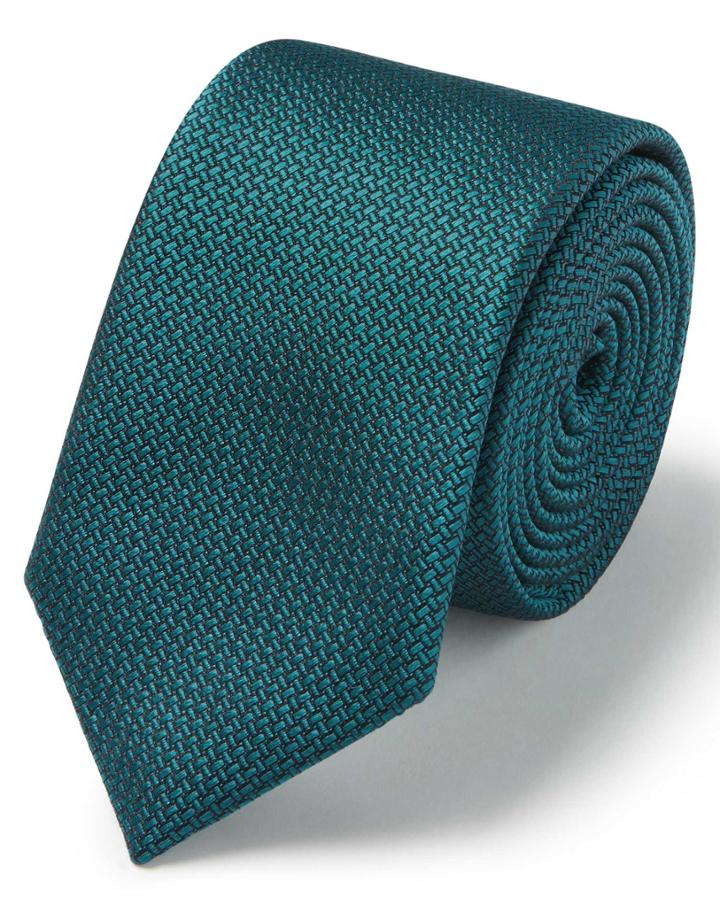  Teal Silk Slim Textured Semi Plain Tie By Charles Tyrwhitt