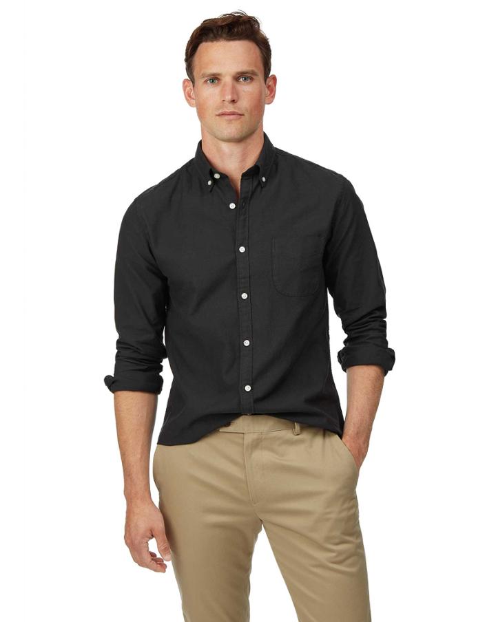  Extra Slim Fit Charcoal Button-down Washed Oxford Plain Cotton Casual Shirt Single Cuff Size Small By Charles Tyrwhitt