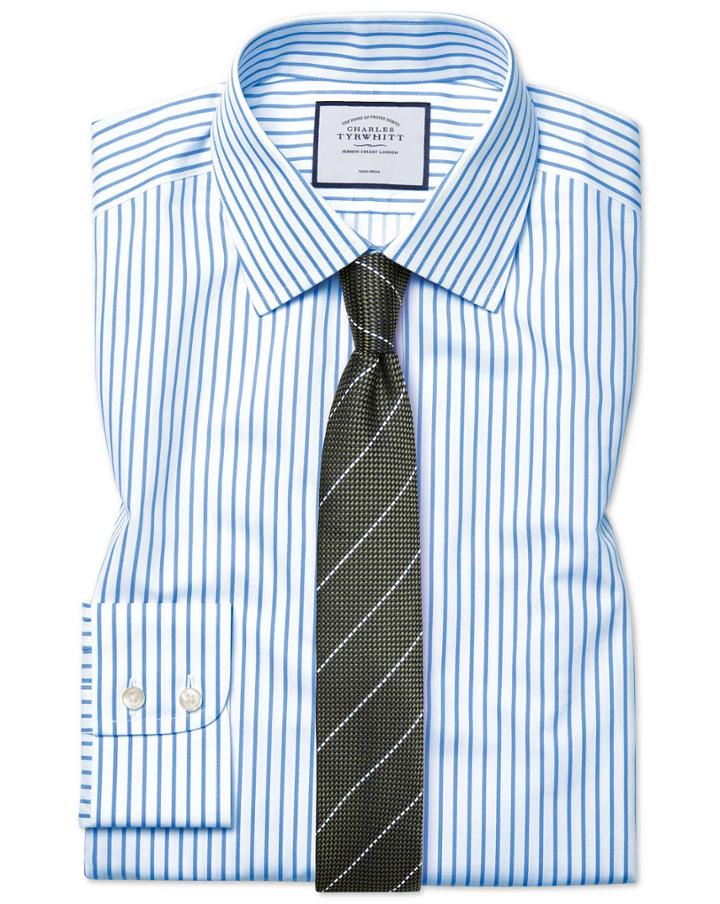  Extra Slim Fit Non-iron Sky Blue Stripe Twill Cotton Dress Shirt Single Cuff Size 14.5/32 By Charles Tyrwhitt