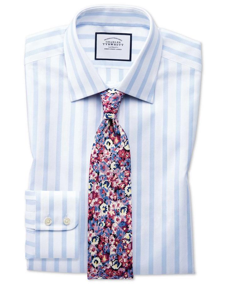  Classic Fit Egyptian Cotton Royal Oxford Sky Blue Stripe Dress Shirt Single Cuff Size 15.5/33 By Charles Tyrwhitt