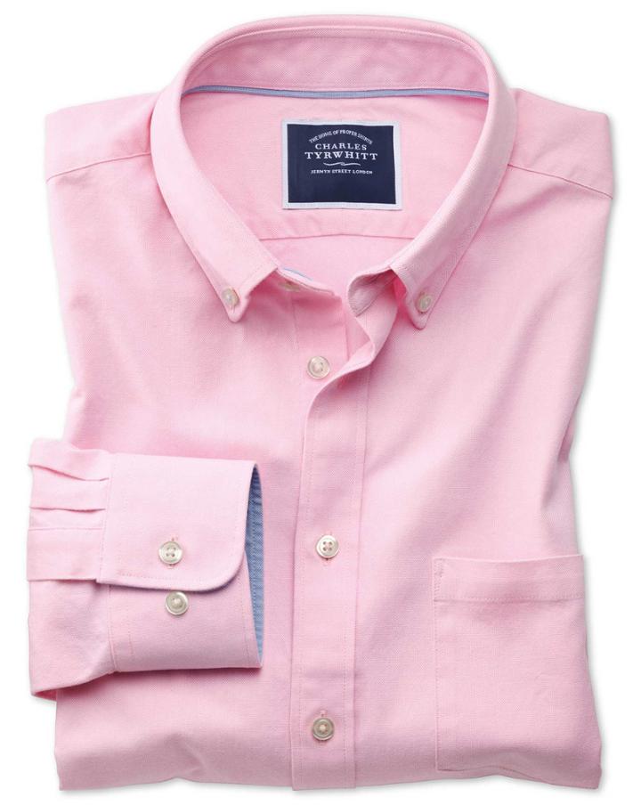  Slim Fit Button-down Washed Oxford Plain Light Pink Cotton Casual Shirt Single Cuff Size Large By Charles Tyrwhitt