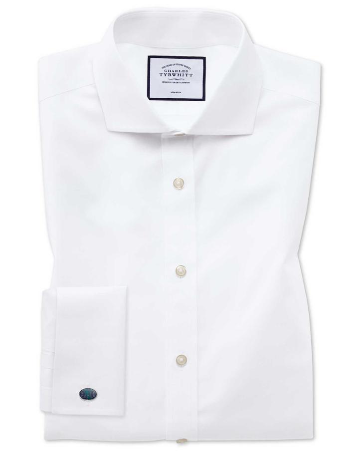  Classic Fit White Non-iron Poplin Spread Collar Cotton Dress Shirt French Cuff Size 15/33 By Charles Tyrwhitt