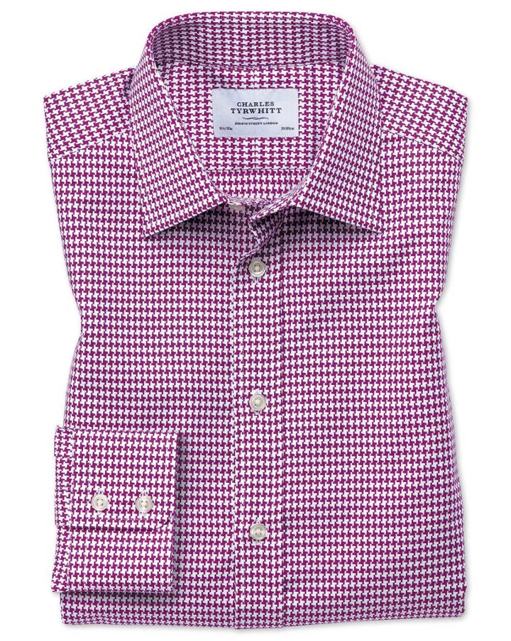 Charles Tyrwhitt Classic Fit Large Puppytooth Berry Cotton Dress Casual Shirt Single Cuff Size 15.5/33 By Charles Tyrwhitt