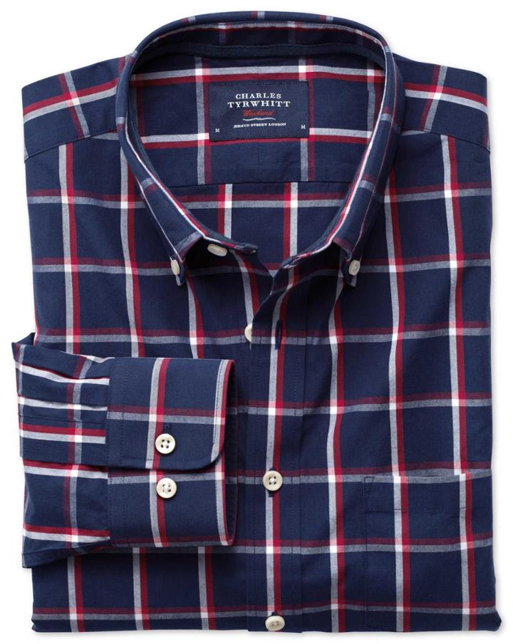 Charles Tyrwhitt Classic Fit Navy And Red Check Washed Cotton Casual Shirt Single Cuff Size Large By Charles Tyrwhitt