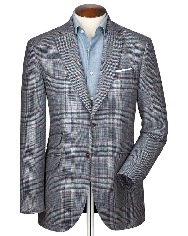 Charles Tyrwhitt Charles Tyrwhitt Classic Fit Blue Prince Of Wales Checkered Luxury Border Tweed Wool Jacket Size 36