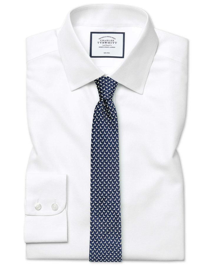  Extra Slim Fit Non-iron Dash Weave White Cotton Dress Shirt French Cuff Size 14.5/32 By Charles Tyrwhitt