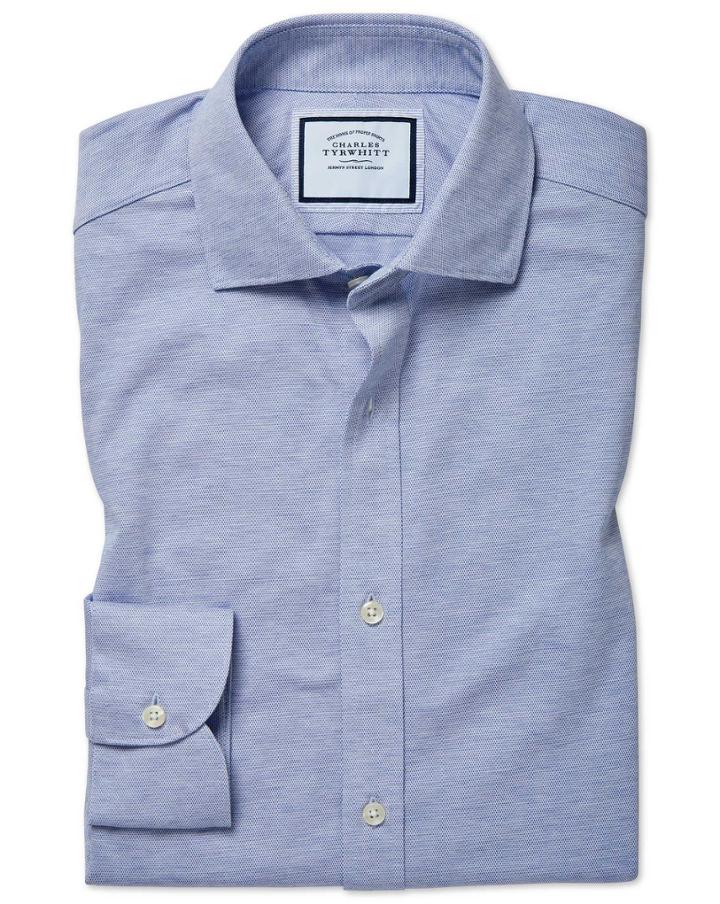  Slim Fit Travel Blue Cotton Dress Shirt Single Cuff Size 15/33 By Charles Tyrwhitt