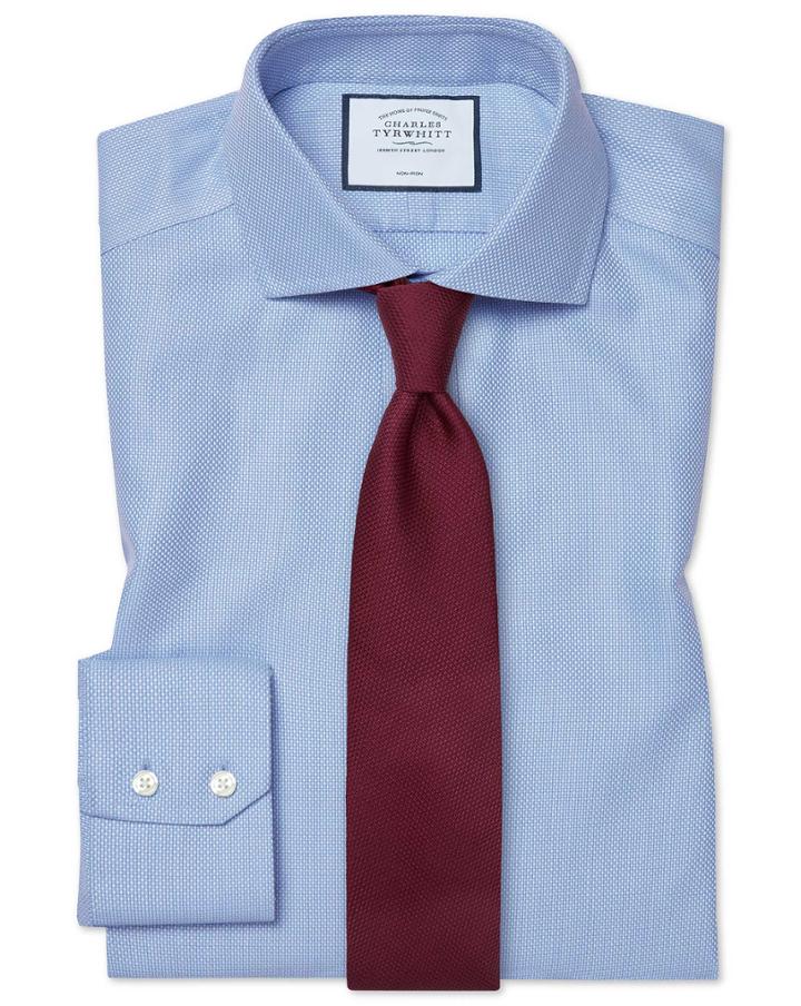  Classic Fit Non-iron Buckingham Weave Blue Cotton Dress Shirt Single Cuff Size 15/33 By Charles Tyrwhitt