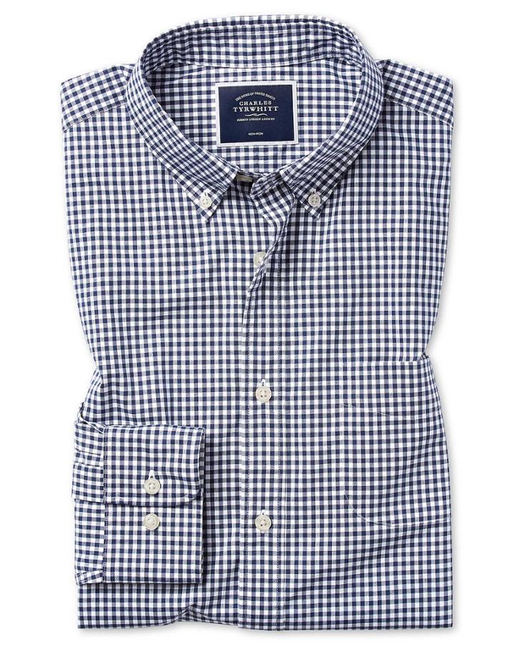  Extra Slim Fit Navy Check Gingham Soft Washed Non-iron Stretch Poplin Cotton Casual Shirt Single Cuff Size Large By Charles Tyrwhitt