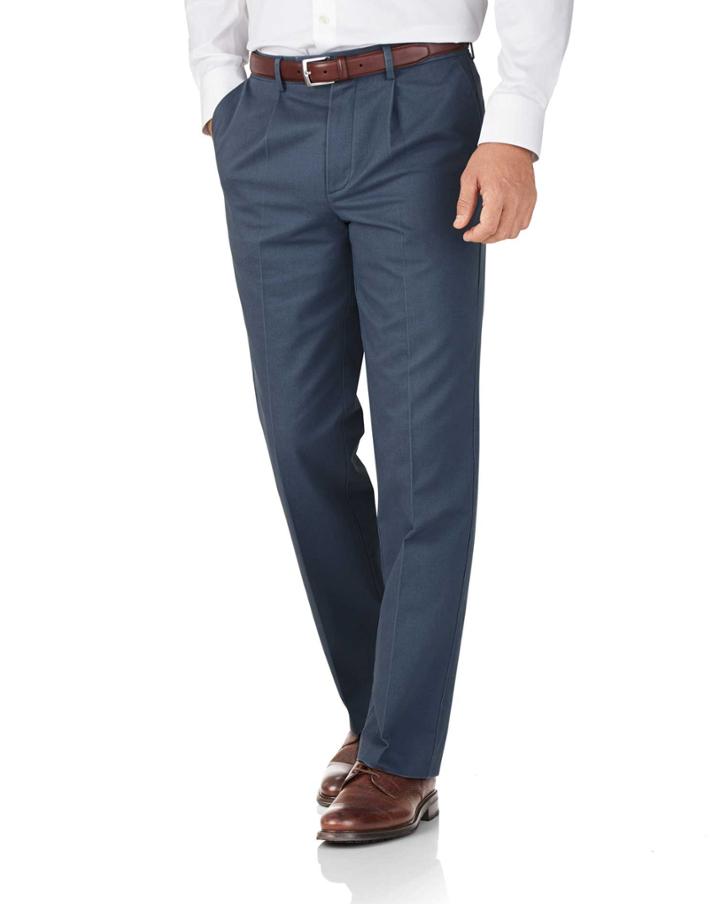  Airforce Blue Classic Fit Single Pleat Non-iron Cotton Chino Pants Size W32 L30 By Charles Tyrwhitt