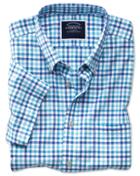  Classic Fit Poplin Short Sleeve Blue Multi Gingham Cotton Casual Shirt Single Cuff Size Large By Charles Tyrwhitt
