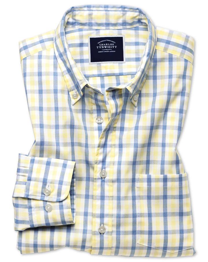 Slim Fit Yellow And Blue Gingham Soft Washed Non-iron Tyrwhitt Cool Cotton Casual Shirt Single Cuff Size Medium By Charles Tyrwhitt