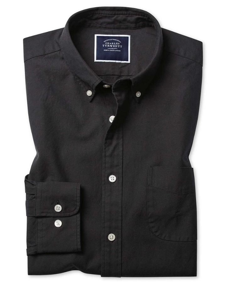  Classic Fit Charcoal Button-down Washed Oxford Plain Cotton Casual Shirt Single Cuff Size Large By Charles Tyrwhitt