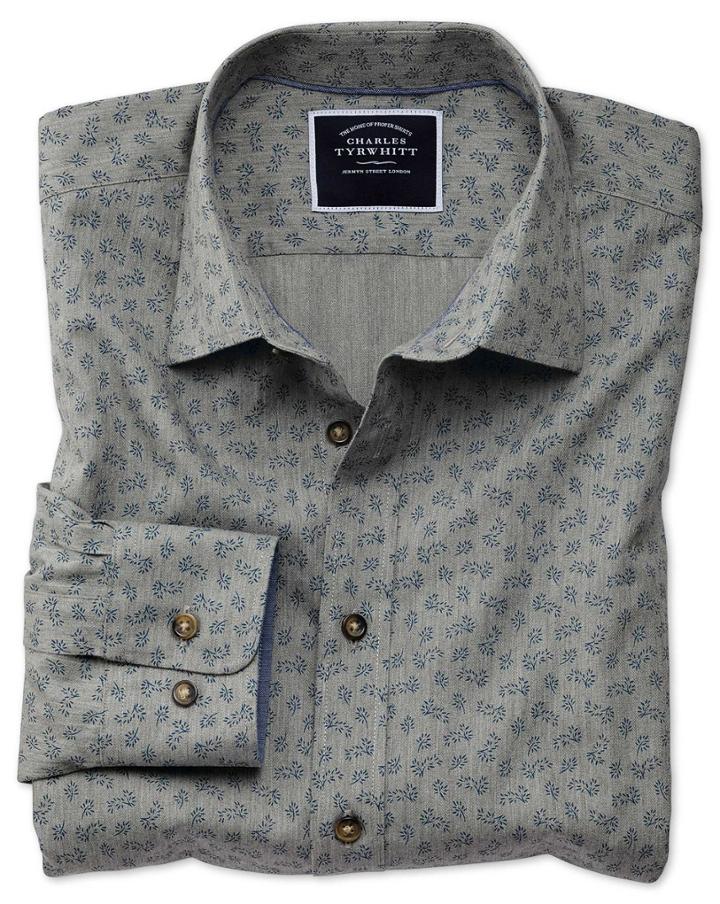  Slim Fit Grey Floral Print Cotton Casual Shirt Single Cuff Size Large By Charles Tyrwhitt