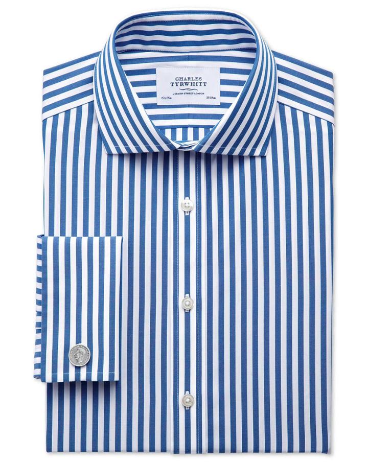 Charles Tyrwhitt Charles Tyrwhitt Slim Fit Spread Collar Non Iron Bold Stripe Blue Cotton Dress Shirt Size 17.5/38