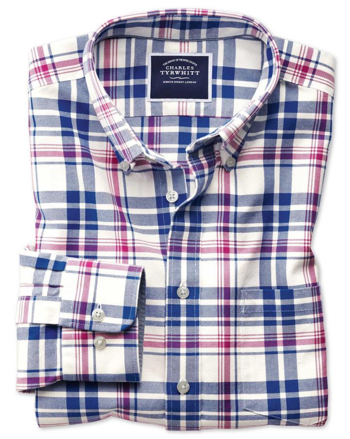 Charles Tyrwhitt Classic Fit Button-down Washed Oxford Royal And Pink Check Cotton Casual Shirt Single Cuff Size Large By Charles Tyrwhitt