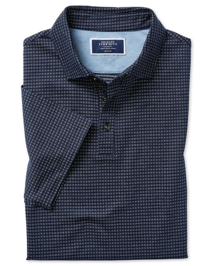  Blue Square Jacquard Short Sleeve Cotton Polo Size Medium By Charles Tyrwhitt