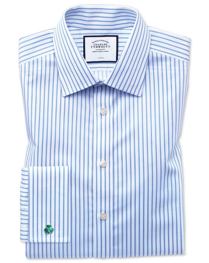  Extra Slim Fit Non-iron Sky Blue Stripe Twill Cotton Dress Shirt French Cuff Size 17/37 By Charles Tyrwhitt
