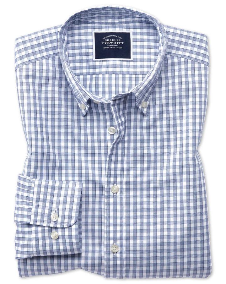  Extra Slim Fit Navy Gingham Soft Washed Non-iron Tyrwhitt Cool Cotton Casual Shirt Single Cuff Size Large By Charles Tyrwhitt