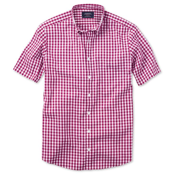 Charles Tyrwhitt Charles Tyrwhitt Raspberry Gingham Check Short Sleeve Non-iron Classic Fit Shirt (l)