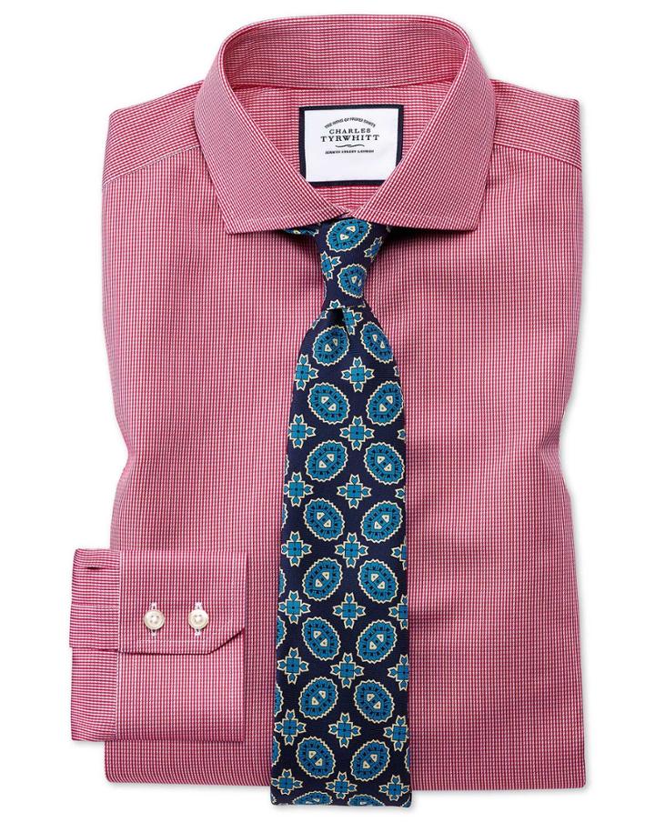 Charles Tyrwhitt Extra Slim Fit Spread Collar Non-iron Puppytooth Bright Pink Cotton Dress Shirt French Cuff Size 14.5/32 By Charles Tyrwhitt