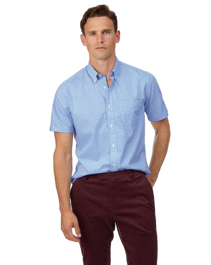  Slim Fit Sky Blue Short Sleeve Gingham Soft Washed Non-iron Stretch Poplin Cotton Casual Shirt Single Cuff Size Small By Charles Tyrwhitt
