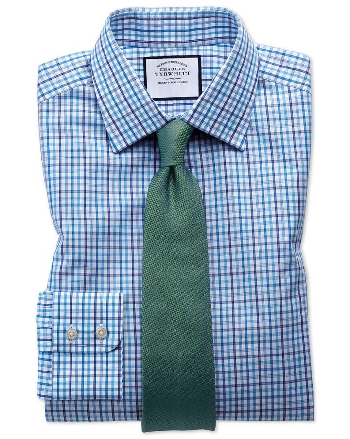  Slim Fit Poplin Multi Blue Check Cotton Dress Shirt French Cuff Size 15.5/33 By Charles Tyrwhitt
