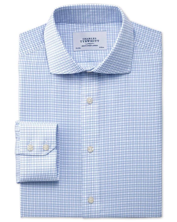 Charles Tyrwhitt Charles Tyrwhitt Slim Fit Spread Collar Non-iron Dobby Check Sky Blue Cotton Dress Shirt Size 15.5/37