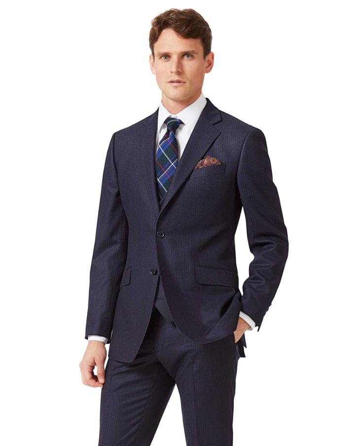  Navy Stripe Slim Fit Flannel Business Suit Wool Jacket Size 40 By Charles Tyrwhitt