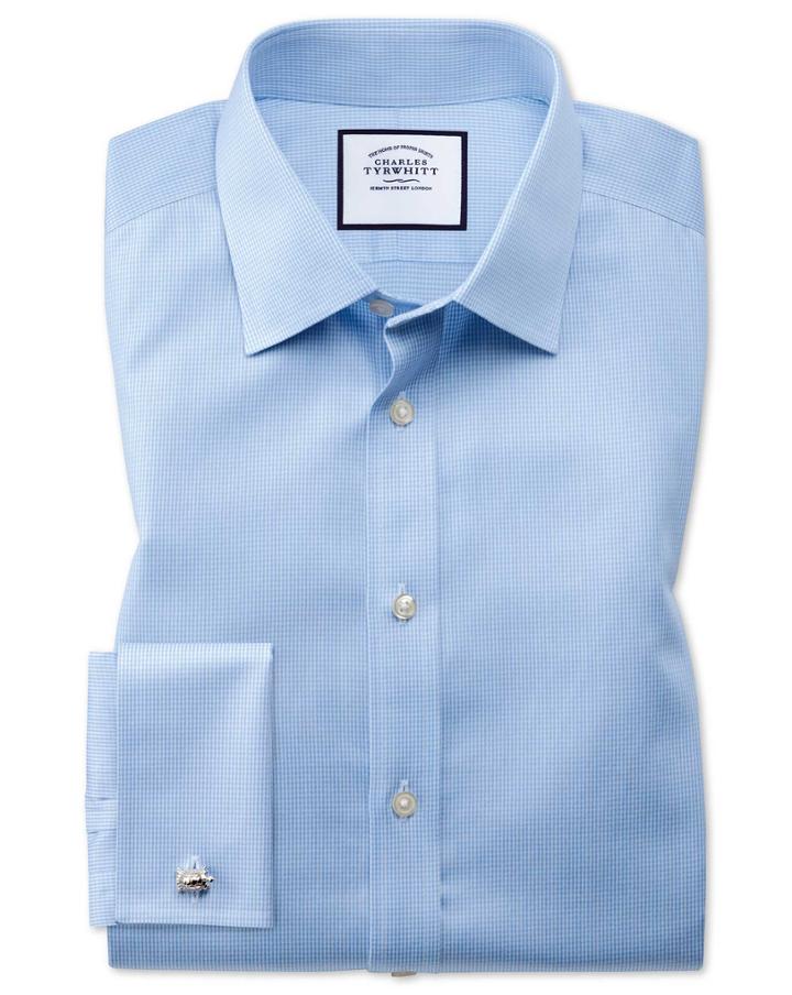 Charles Tyrwhitt Classic Fit Non-iron Puppytooth Sky Blue Cotton Dress Shirt French Cuff Size 15/33 By Charles Tyrwhitt