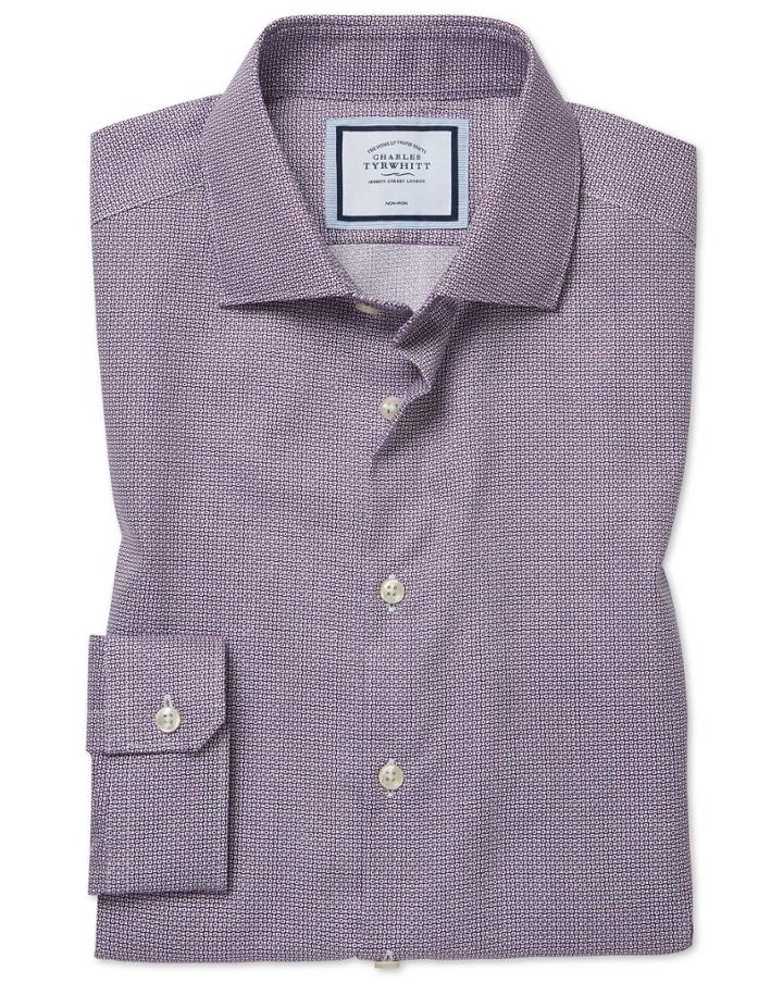  Super Slim Fit Non-iron Spot Print Purple Cotton Dress Shirt Single Cuff Size 14/33 By Charles Tyrwhitt