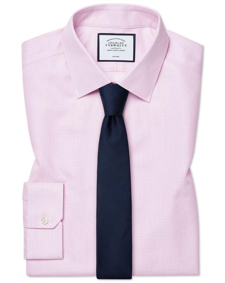 Super Slim Fit Non-iron Dash Weave Pink Cotton Dress Shirt French Cuff Size 14.5/32 By Charles Tyrwhitt