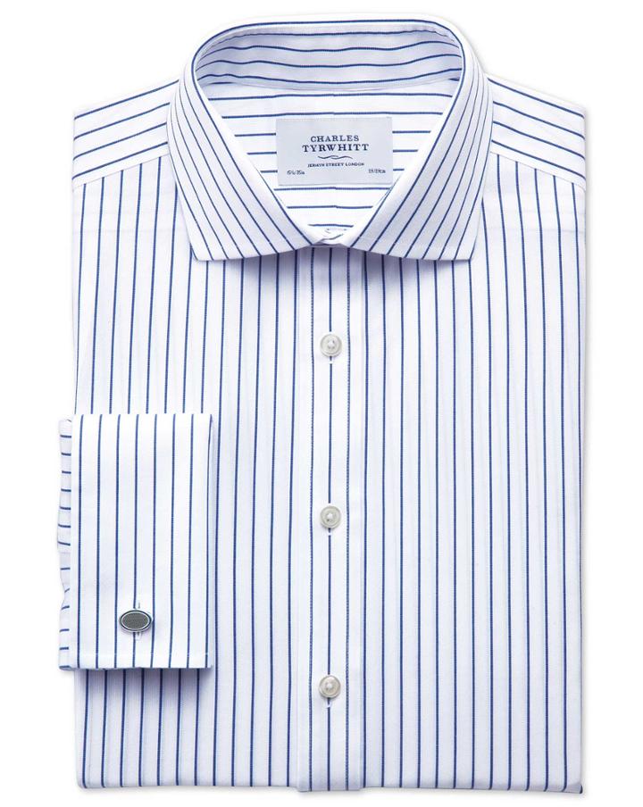 Charles Tyrwhitt Slim Fit Spread Collar Non-iron Stripe White And Navy Cotton Dress Shirt French Cuff Size 17.5/34 By Charles Tyrwhitt