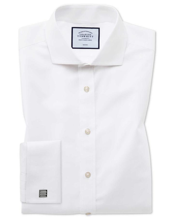  Extra Slim Fit White Non-iron Poplin Spread Collar Cotton Dress Shirt French Cuff Size 14.5/32 By Charles Tyrwhitt