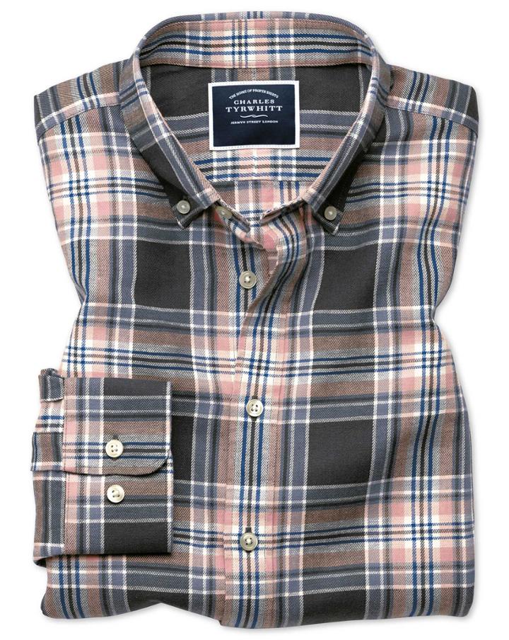  Slim Fit Grey And Pink Check Cotton Linen Twill Casual Shirt Single Cuff Size Large By Charles Tyrwhitt