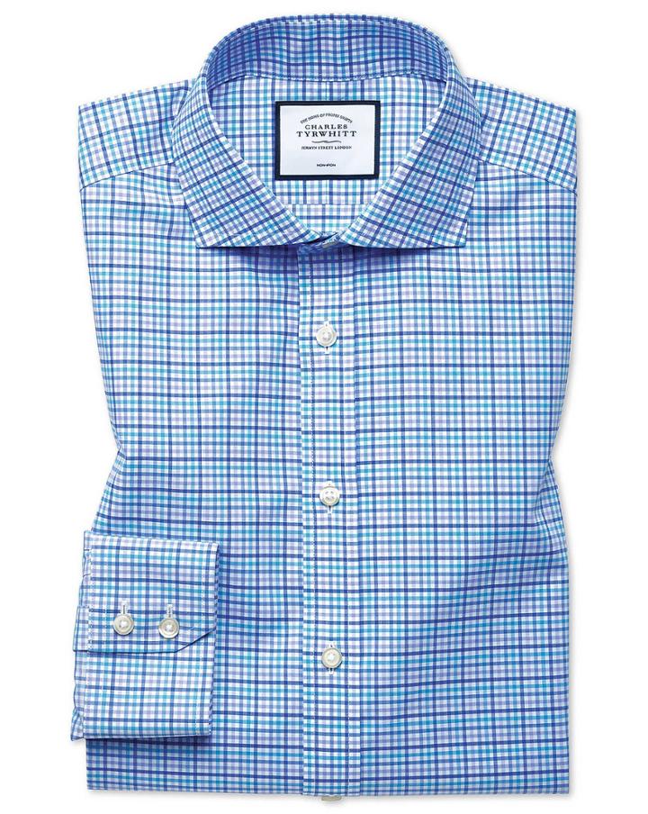  Slim Fit Non-iron Tyrwhitt Cool Poplin Purple Check Cotton Dress Shirt Single Cuff Size 14.5/32 By Charles Tyrwhitt