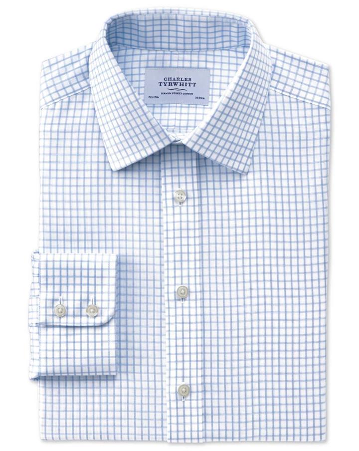 Charles Tyrwhitt Charles Tyrwhitt Classic Fit Non-iron Windowpane Check Sky Blue Cotton Dress Shirt Size 15/34